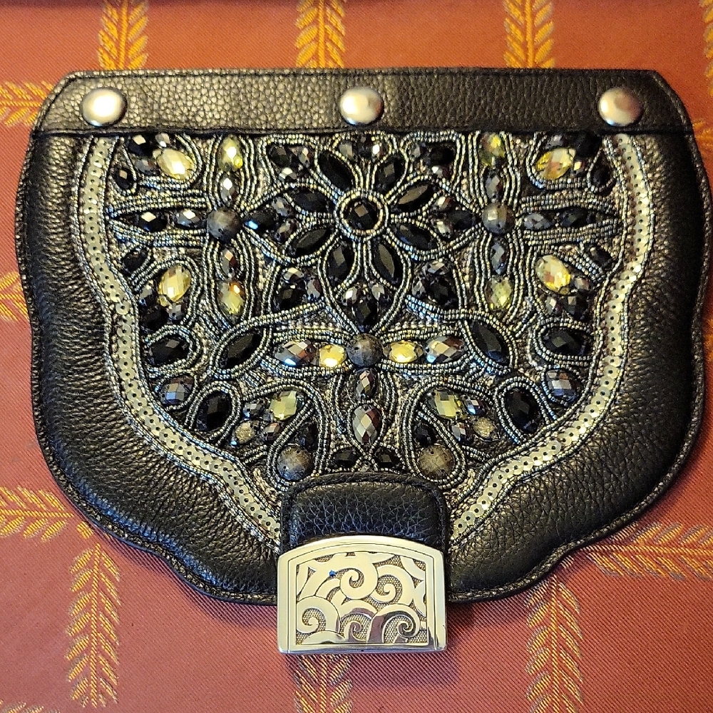 Brighton Anju Black Leather Pewter Gunmetal Beaded Snappy Minibag Flap